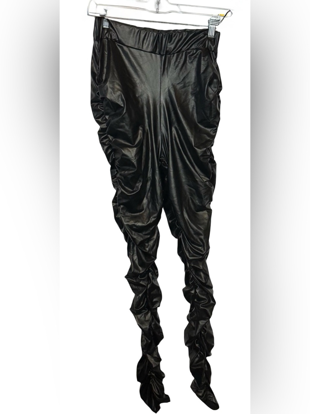 JNK Black Faux Leather Ruched Stacked Leggings Women’s Size Large High Waisted